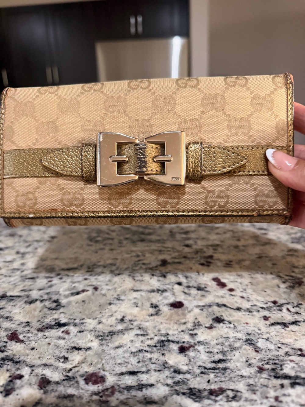 Gucci Beige and Gold Monogram Continental Wallet